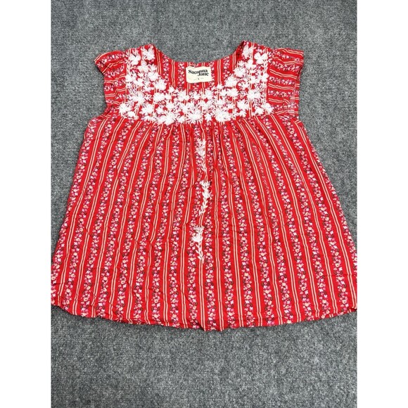 Savannah Tops - Savannah Jane Top Size Large Red Embroidered Floral Striped Flutter Sleeve